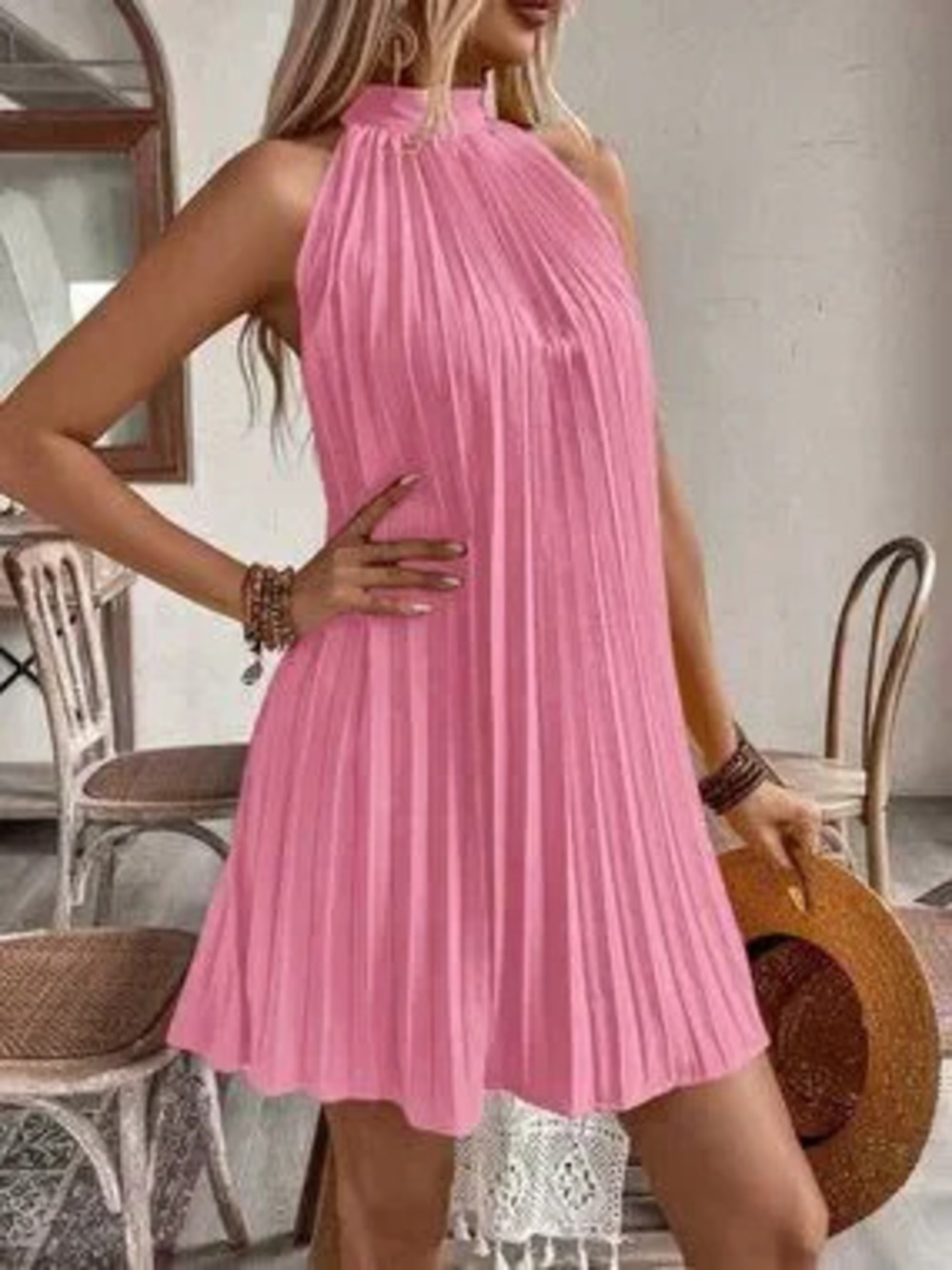 ZARA Pink Casual Women's Halter Pleated Party Mini Dress Vacation Beach